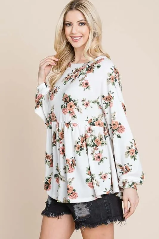 Babydoll Floral Boat Neck Long Sleeve Blouse – Chic & Feminine