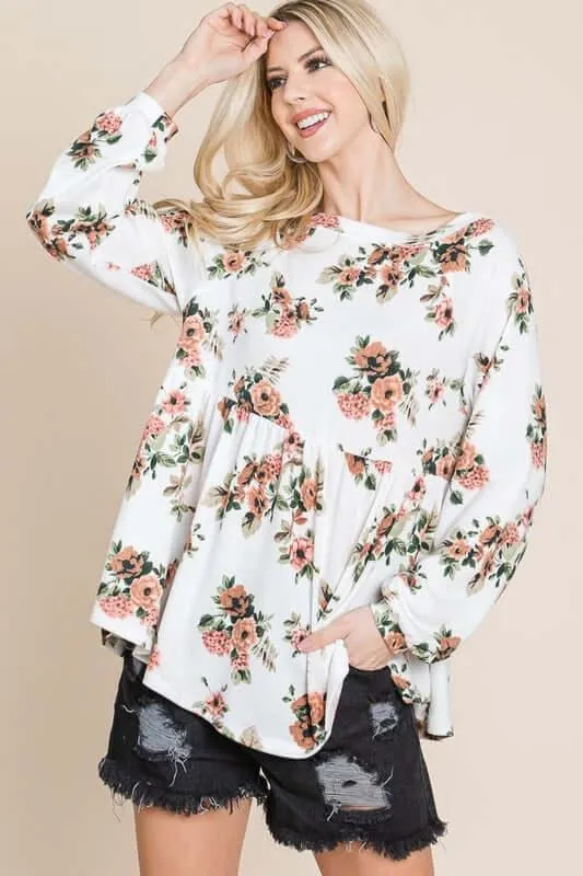 Babydoll Floral Boat Neck Long Sleeve Blouse – Chic & Feminine