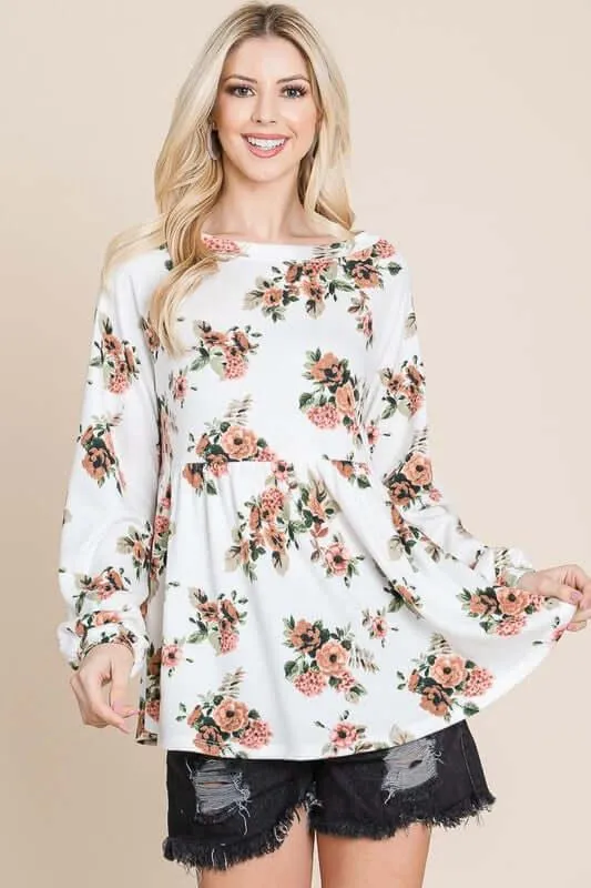 Babydoll Floral Boat Neck Long Sleeve Blouse – Chic & Feminine