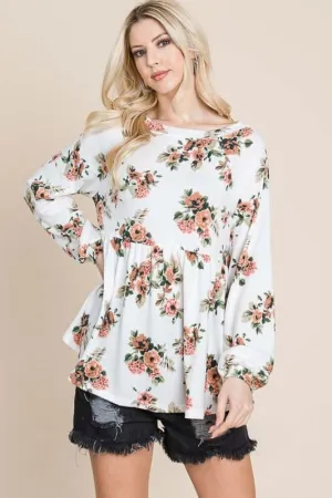 Babydoll Floral Boat Neck Long Sleeve Blouse – Chic & Feminine
