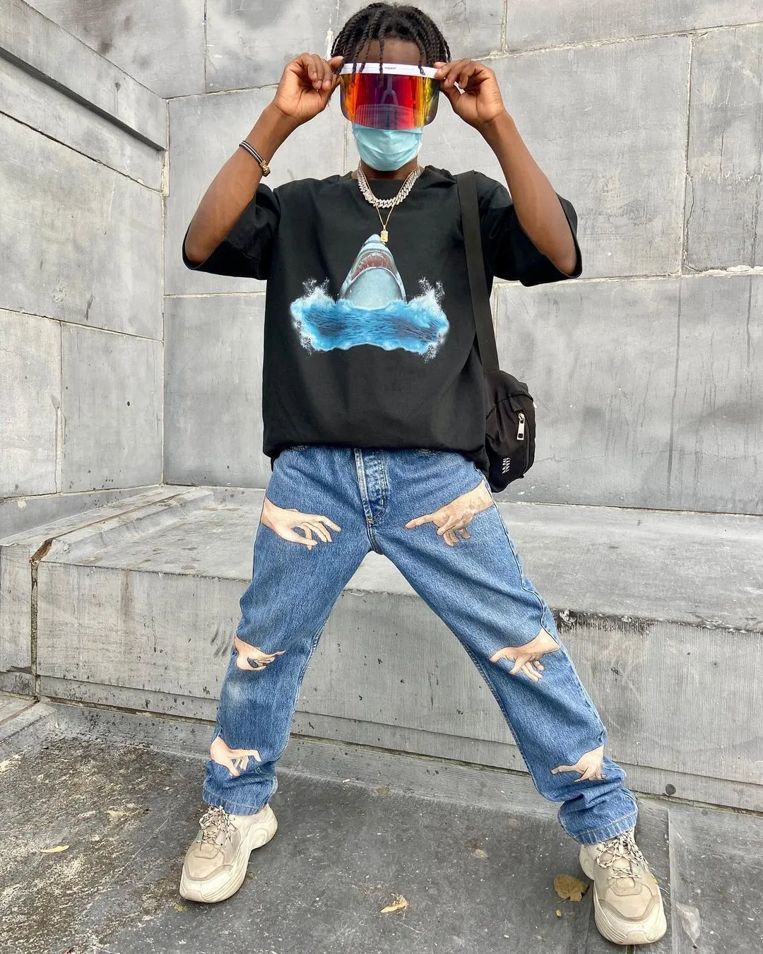 Casual personality finger print retro denim trousers