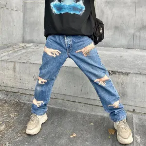 Casual personality finger print retro denim trousers