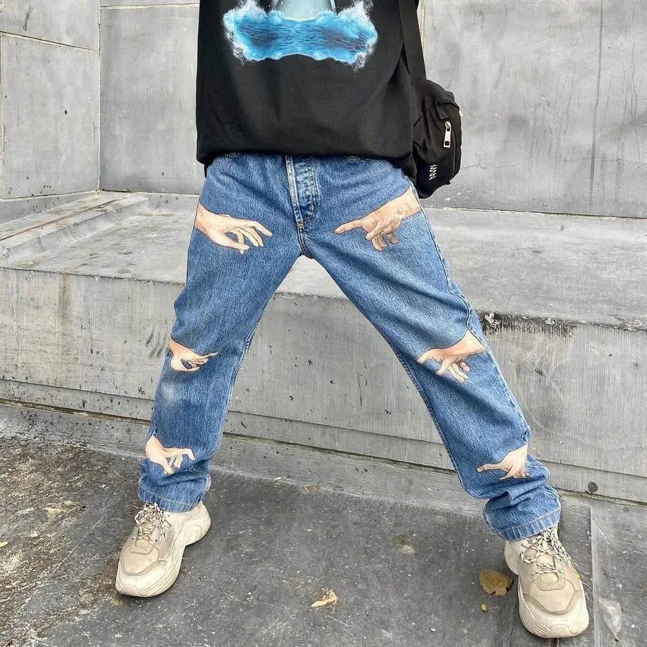 Casual personality finger print retro denim trousers