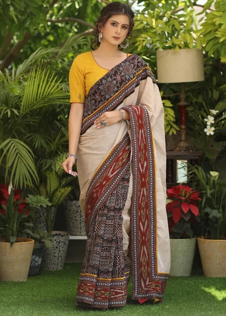 COTTON AJRAKH & PLAIN CREAM COTTON SAREE WITH BEAUTIFUL IKAAT, AJRAKH BORDER