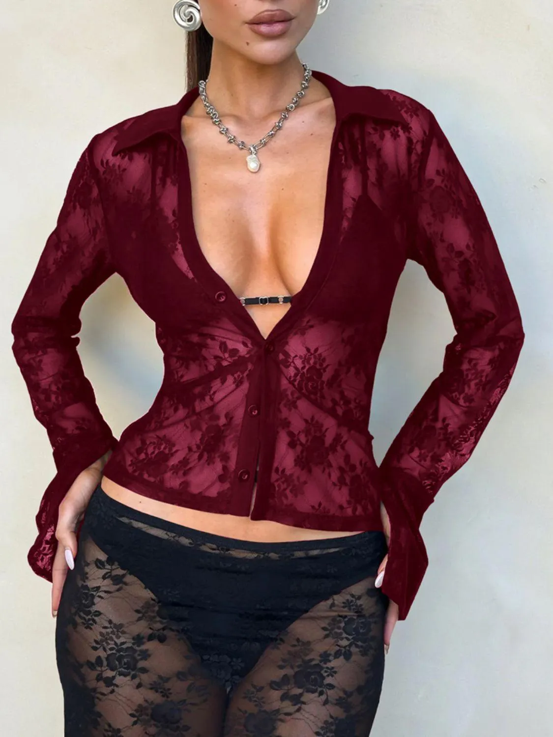 Devine Plunge Long Sleeve Lace Top – Elegant, Sultry & Timeless