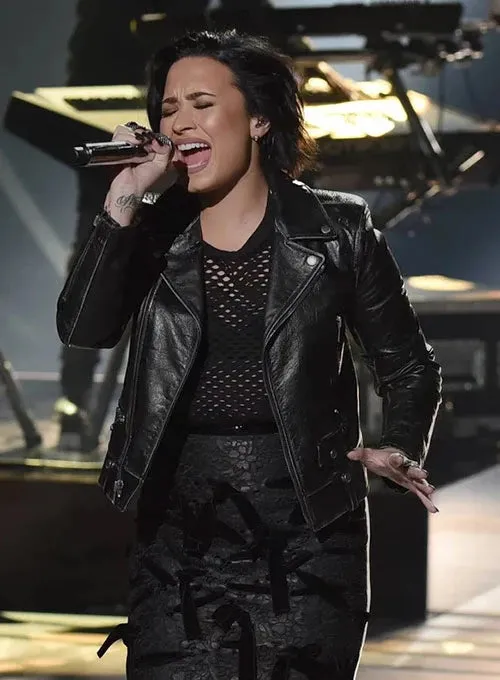 Elegant Black Biker Leather Jacket Worn By Demi Lovato | Demi Lovato Elegant Black Biker Leather Jacket