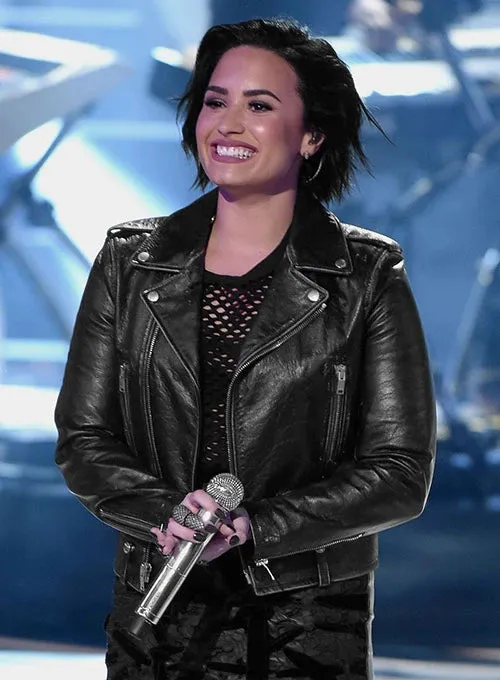 Elegant Black Biker Leather Jacket Worn By Demi Lovato | Demi Lovato Elegant Black Biker Leather Jacket