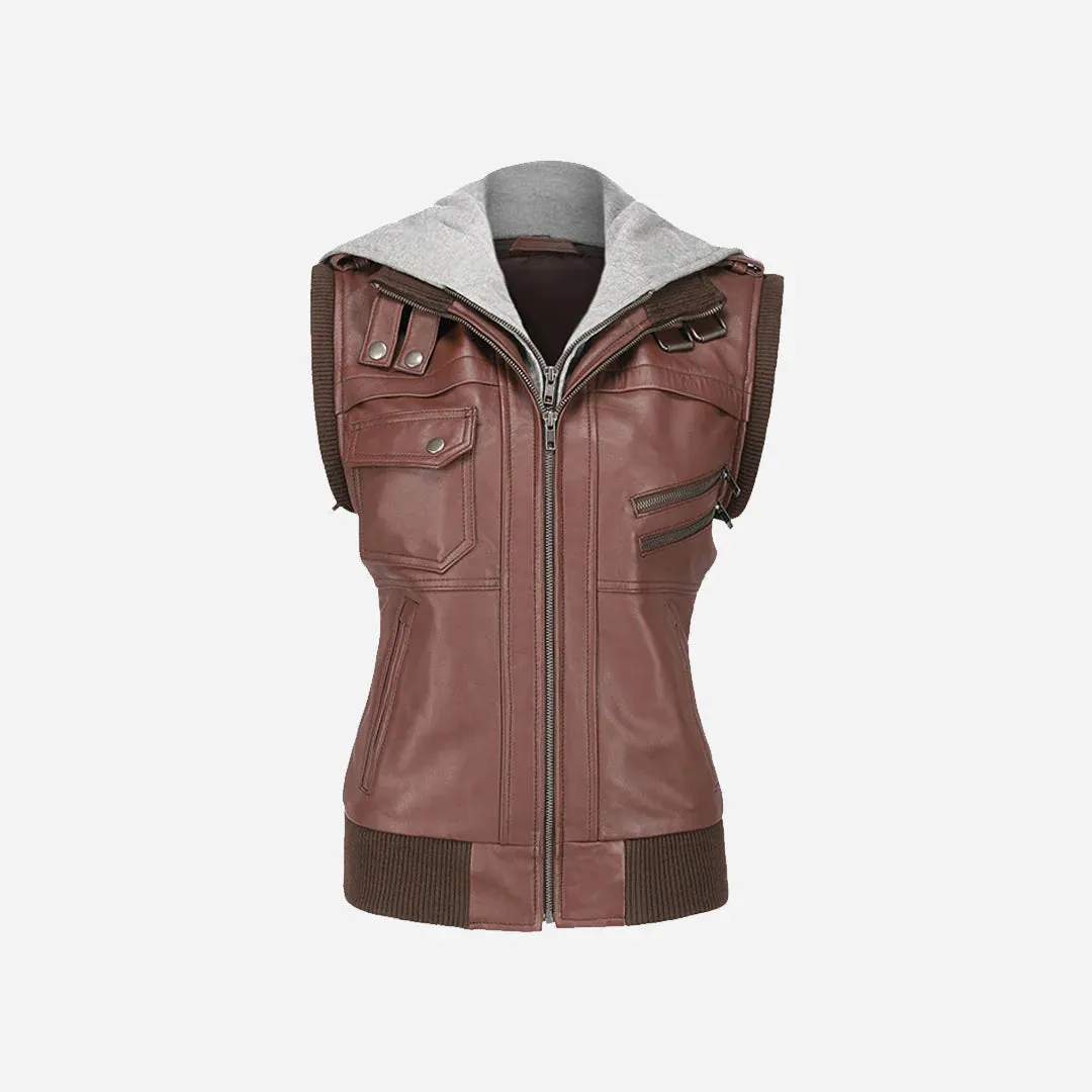 Elegant Women Hooded Brown Leather Jacket By TJS