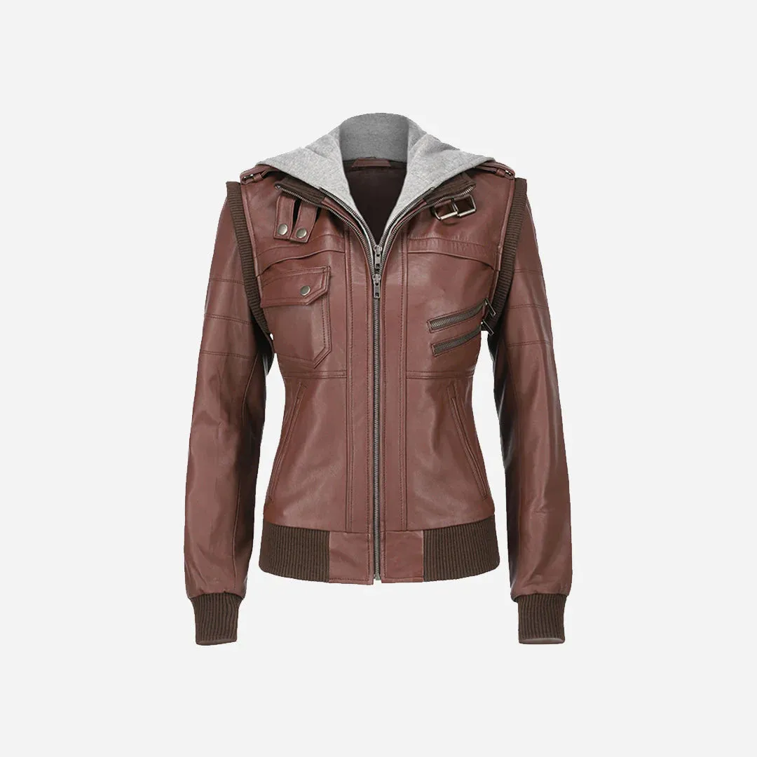 Elegant Women Hooded Brown Leather Jacket By TJS