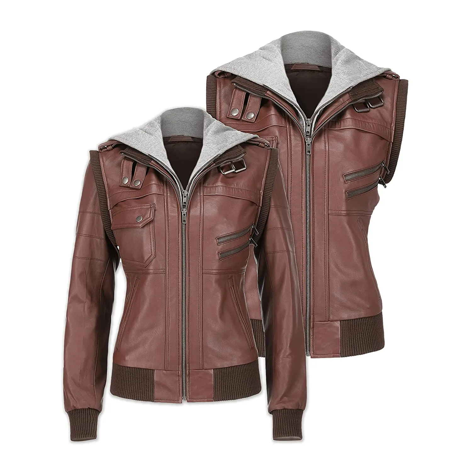 Elegant Women Hooded Brown Leather Jacket By TJS