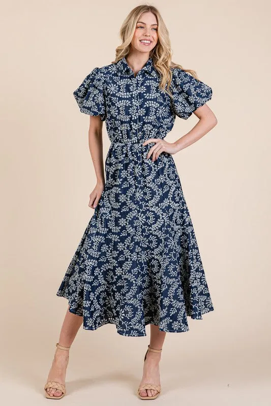 GeeGee Natural Leaf Pattern Eyelet Lace Puff Sleeve Dress