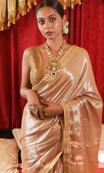 Golden Boarder Ivory Tissue Saree