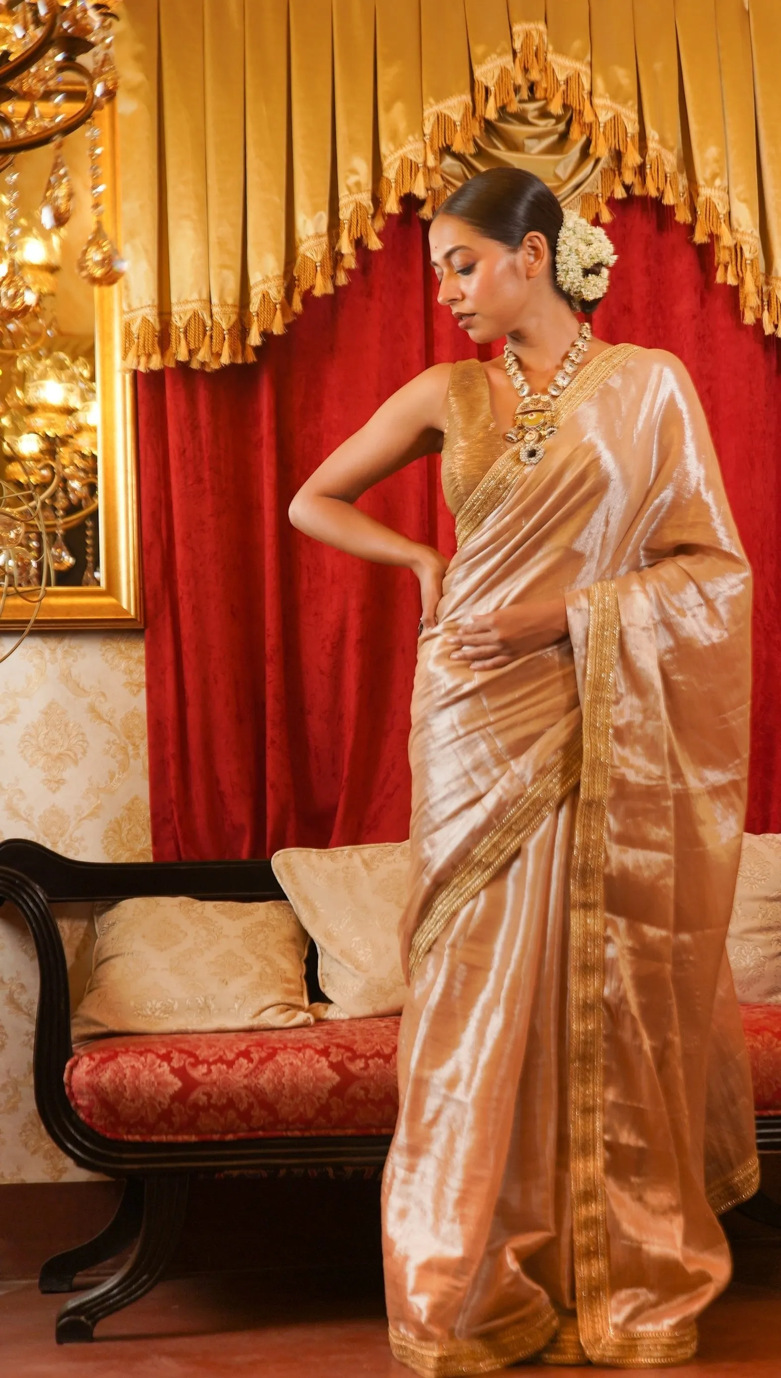 Golden Boarder Ivory Tissue Saree
