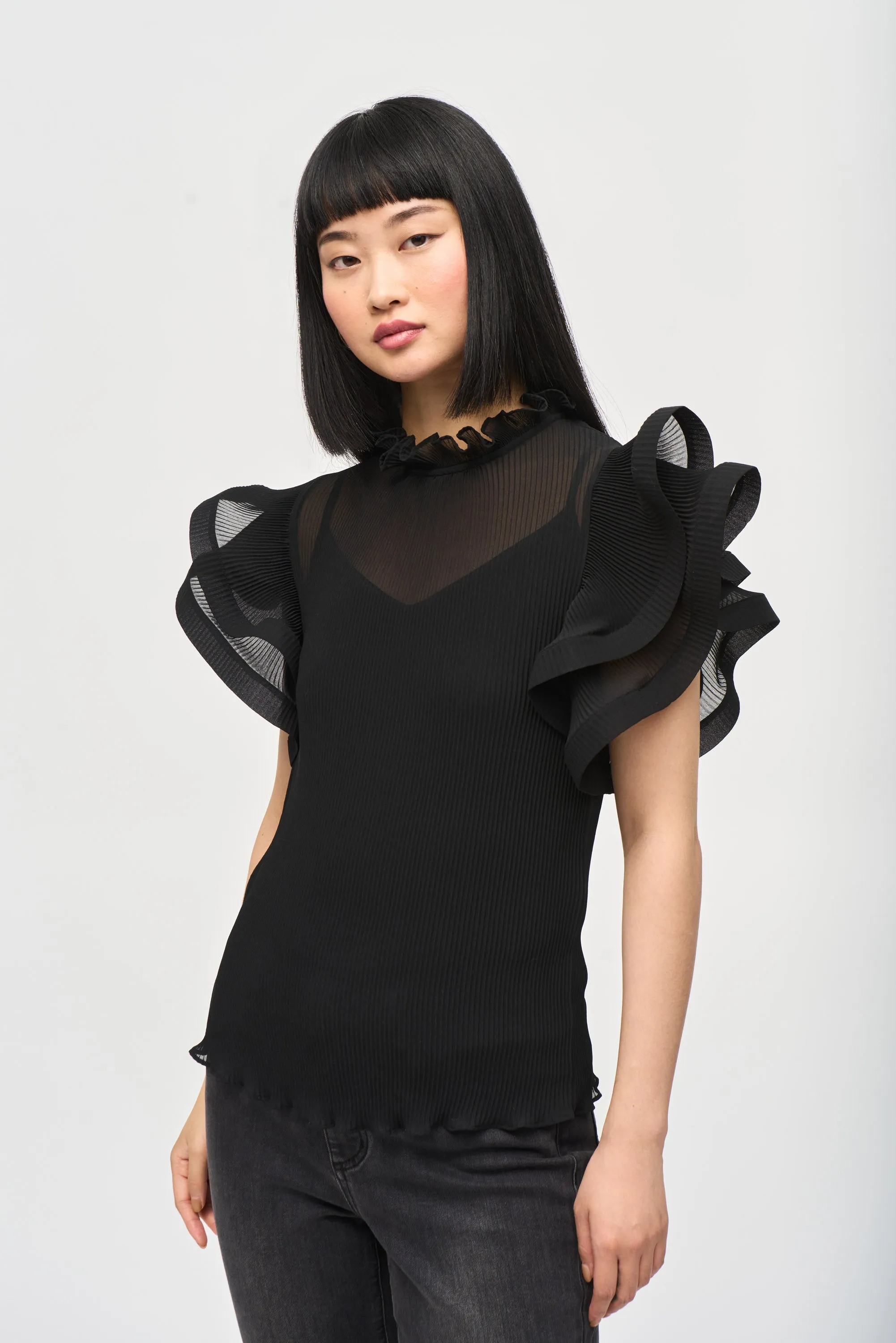 Joseph Ribkoff Women's Chiffon Pleated Top With Ruffled Sleeves