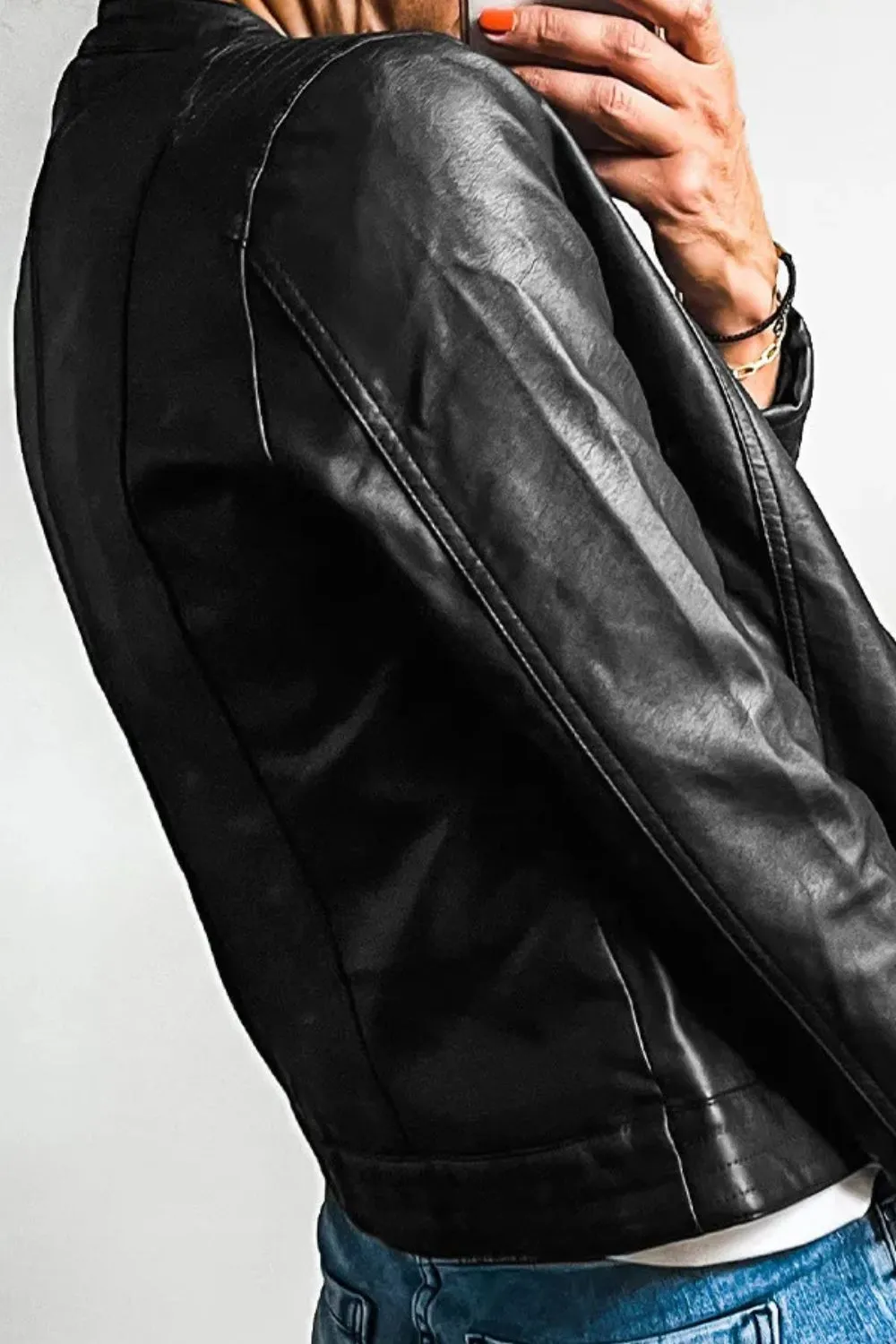 PU Leather Round Neck Long Sleeve Jacket Available In Multiple Color Options⚫️🟤🟢