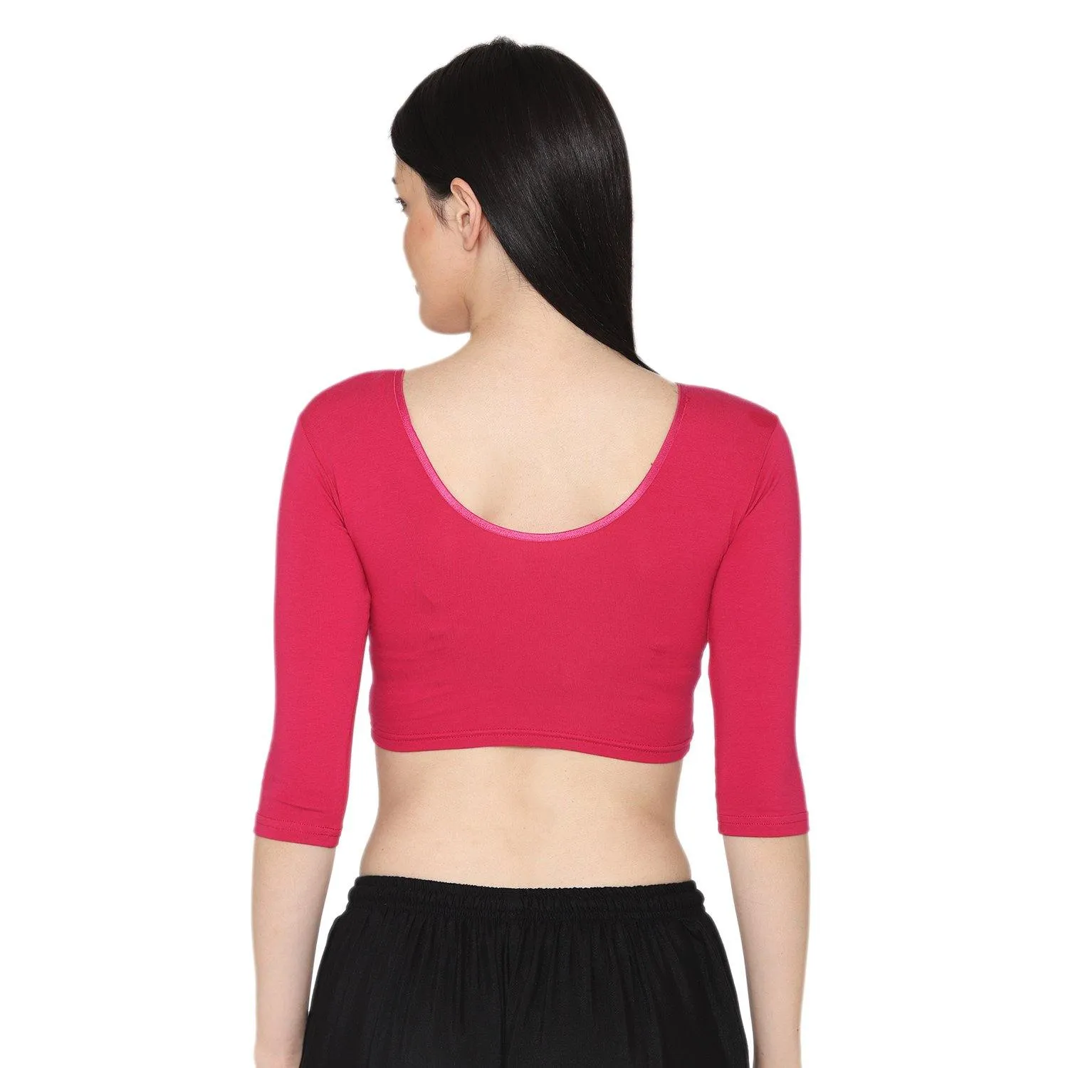 Vami Women's 3/4 Length Cotton Stretchable Readymade Plain Blouse - Fuchsia