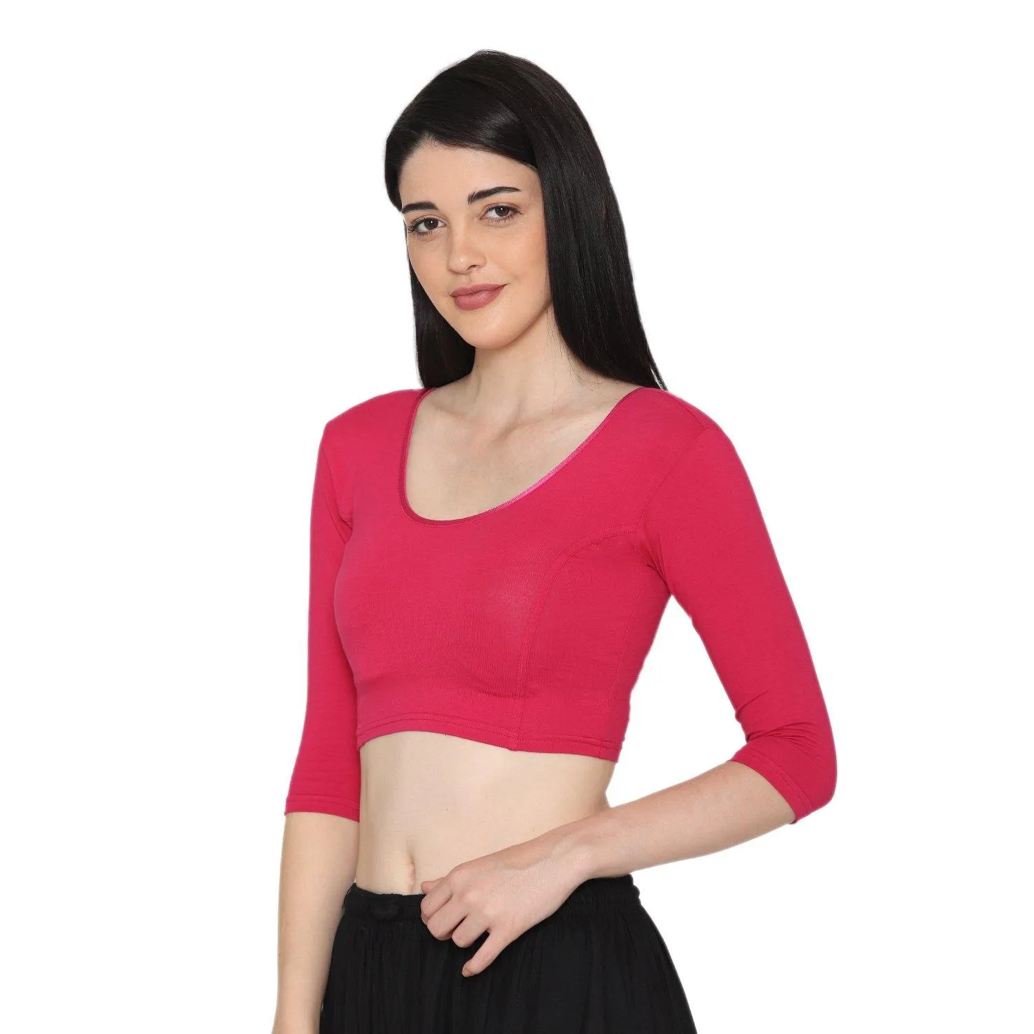Vami Women's 3/4 Length Cotton Stretchable Readymade Plain Blouse - Fuchsia