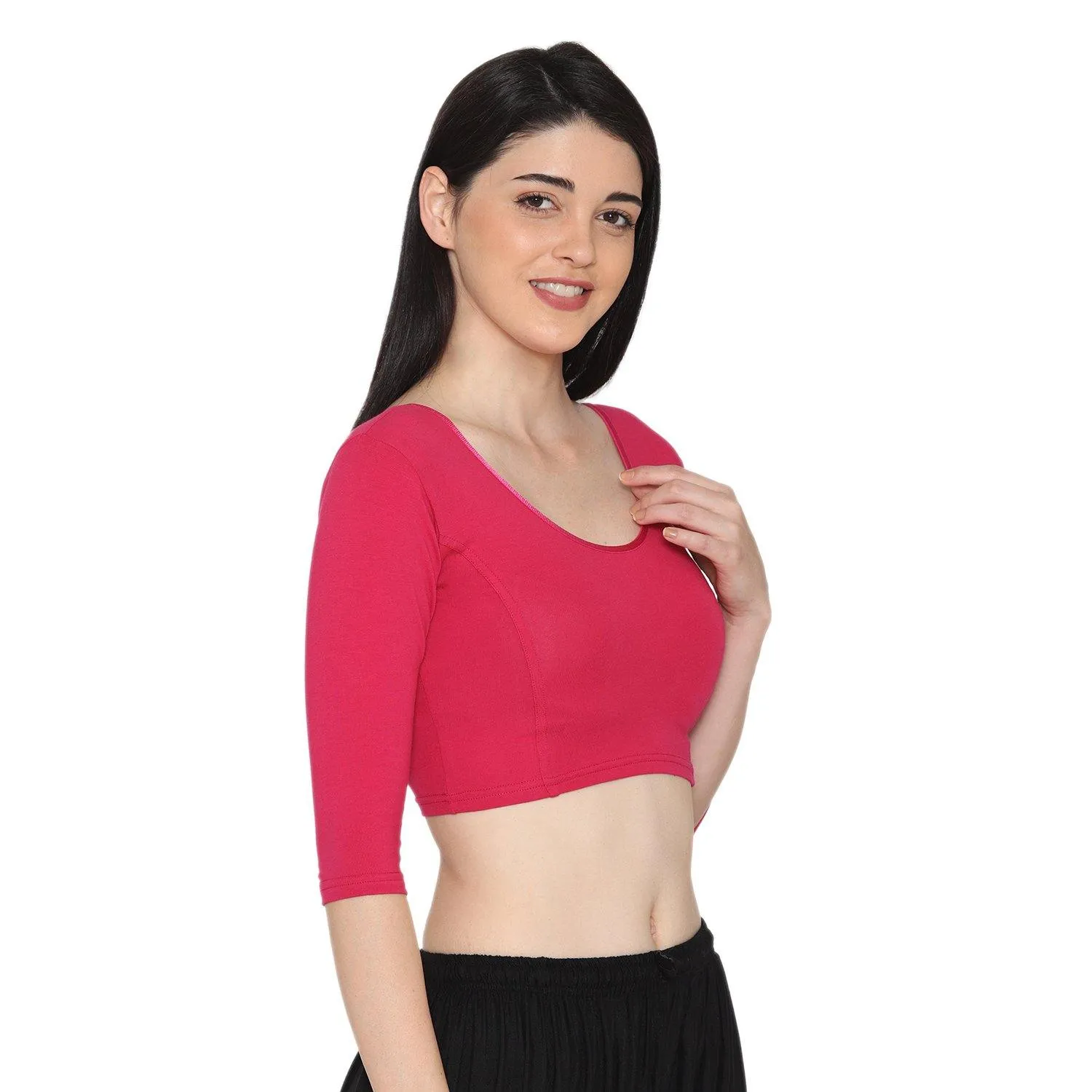 Vami Women's 3/4 Length Cotton Stretchable Readymade Plain Blouse - Fuchsia