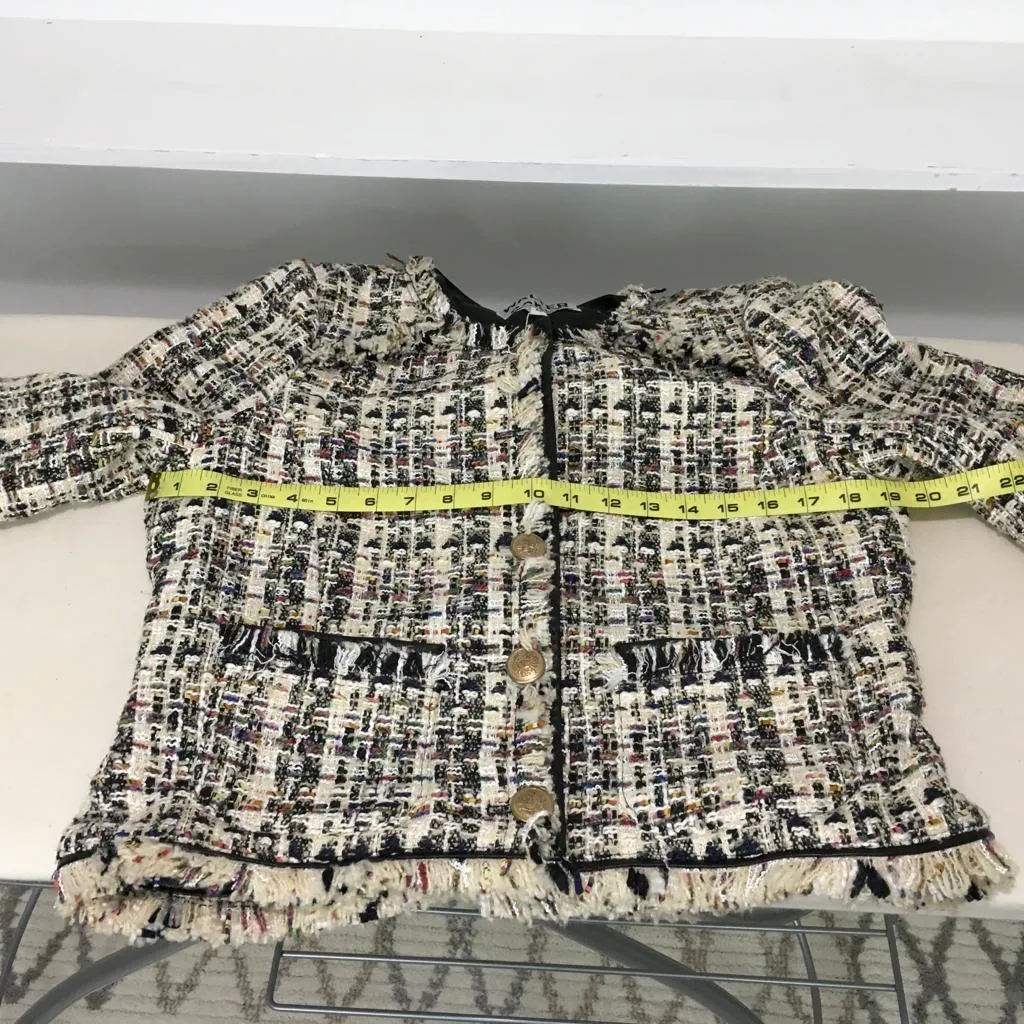 Walter Baker Black Multicolor Tweed Fringe Trim Faux Leather Baca Jacket