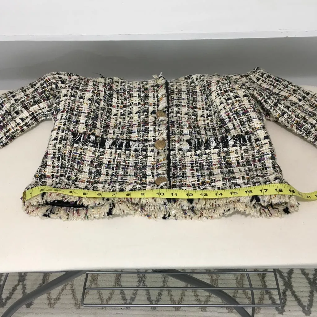 Walter Baker Black Multicolor Tweed Fringe Trim Faux Leather Baca Jacket