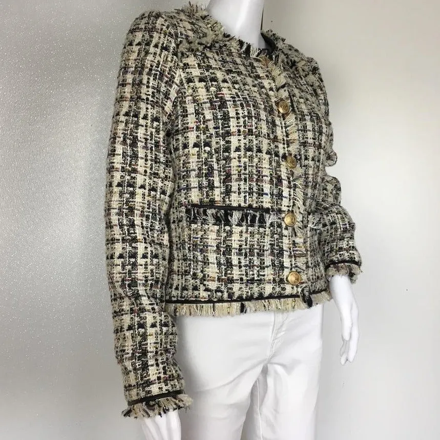 Walter Baker Black Multicolor Tweed Fringe Trim Faux Leather Baca Jacket