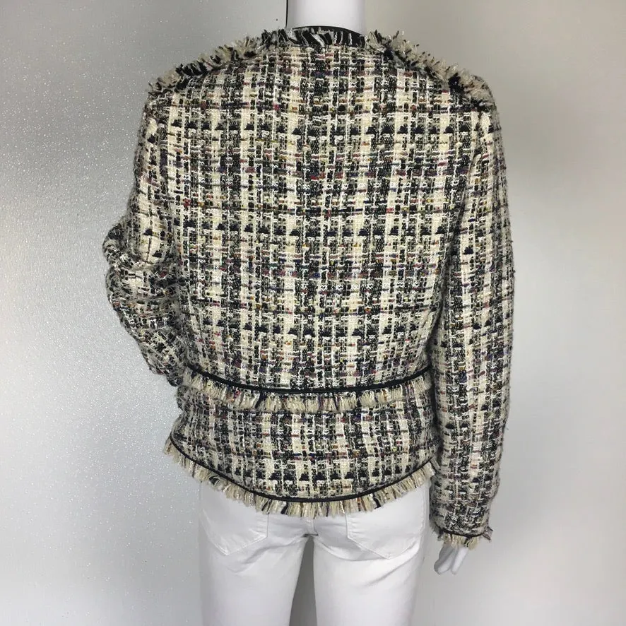 Walter Baker Black Multicolor Tweed Fringe Trim Faux Leather Baca Jacket
