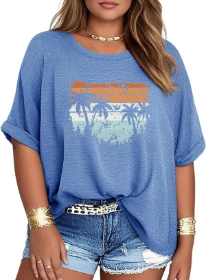 Womens Plus Size Summer Tops Oversized Half Sleeve Crew Neck T Shirts Loose Fit Tee Top Flowy Casual Blouses XL-5XL
